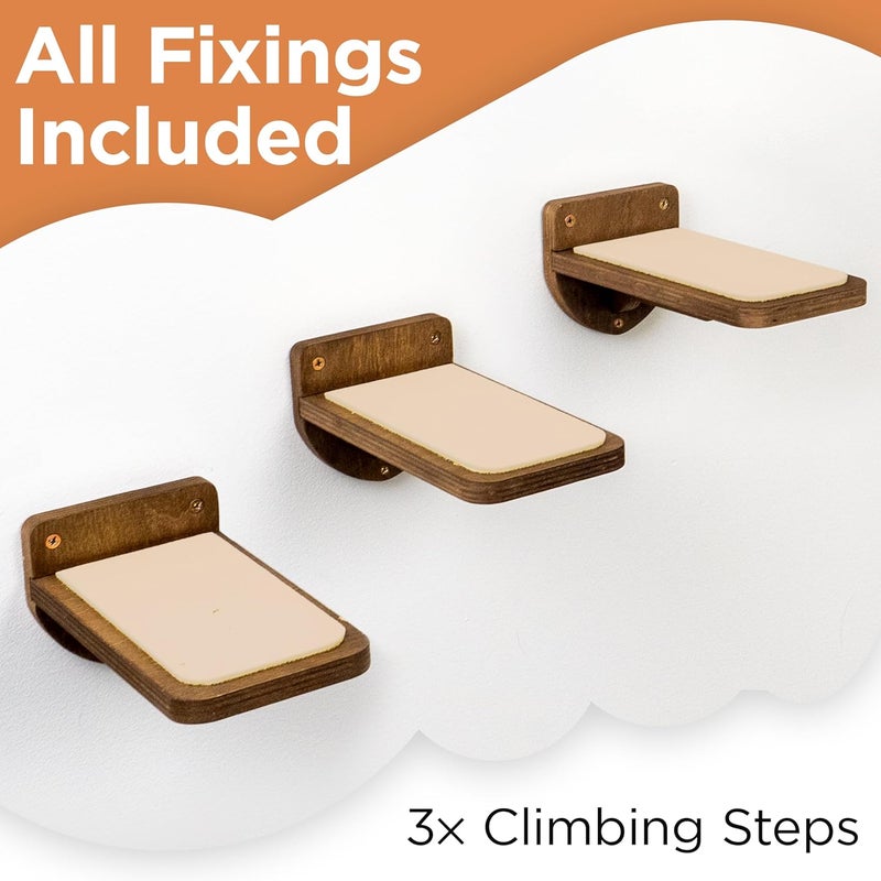 INICIO Cat Wall Stairs - Set of 3 Wall Steps for Cats to Climb with Fixtures, 9.3"x4.7" - Floating Steps for Climbing or Playing - for Kittens and Adult Cats, Dark Brown - Image 3